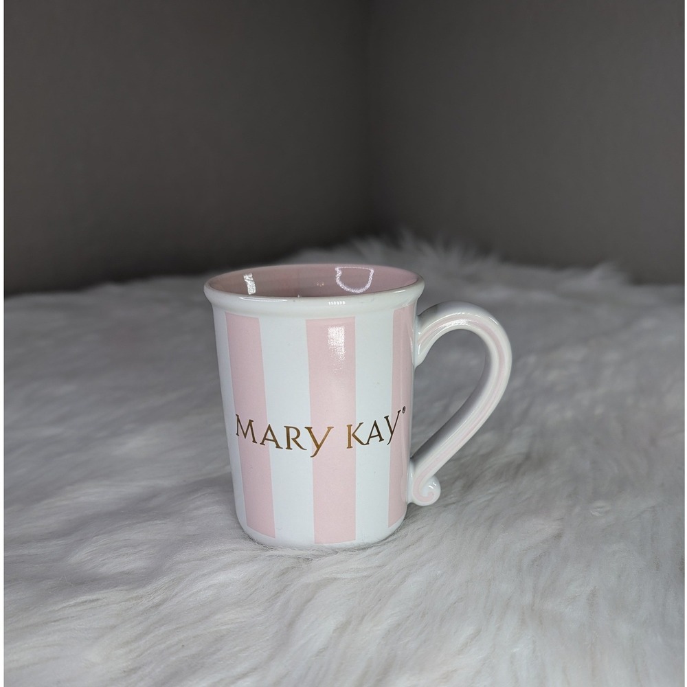 Mary Kay Coffee Mug Unisex OS Pink White Striped Gold Logo Ceramic Collectible